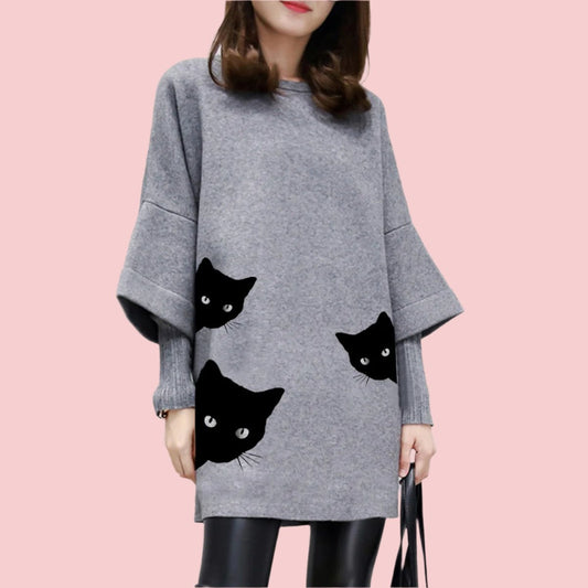 Mayla | Grijze Trui met Zwart Kattenhoofd